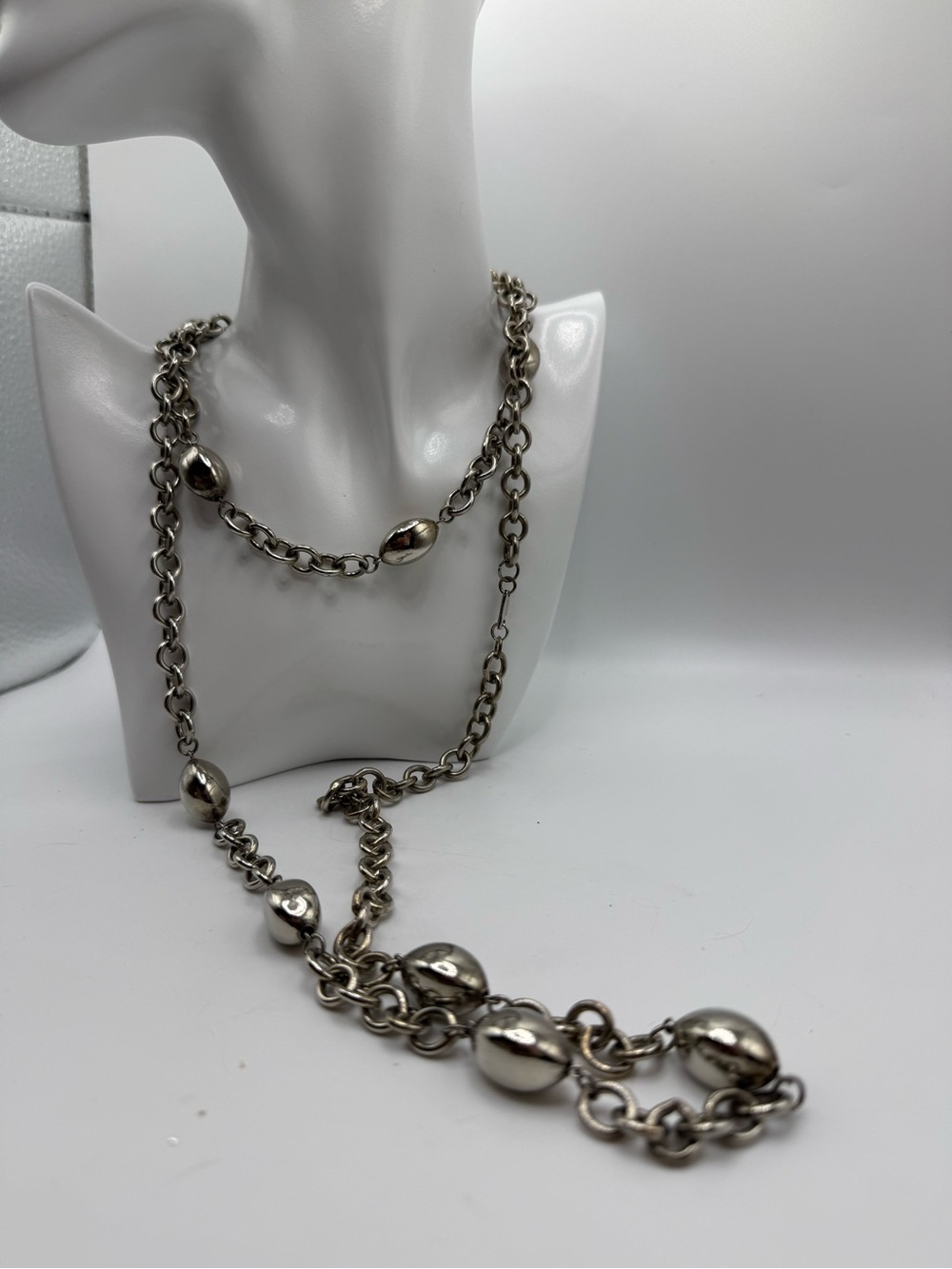 Vintage Carol Dauplaise 50” Silver Tone Chain Necklace Oval Bead Stations Signed